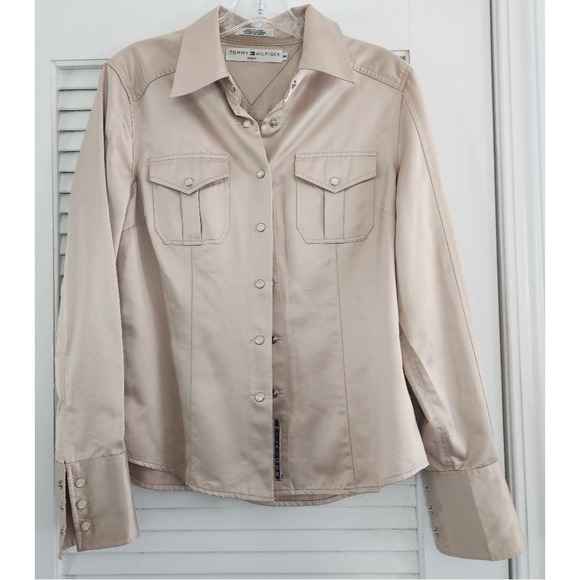 Tommy Hilfiger Gold Satin Western Shirt Pearl Snaps Cowgirl Y2K Festival Medium - Picture 1 of 12
